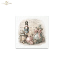 Load image into Gallery viewer, A square decorative print or card featuring a vintage Christmas still life with a nutcracker, lantern, ornaments, and a pink bow, centered on a white background with a small 'Ash Collection' logo in the top left.