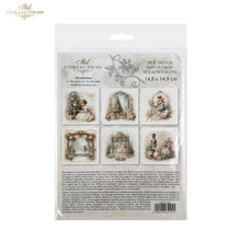 Load image into Gallery viewer, A packaged sheet of decorative scrapbooking paper from the 'Ank Collection' featuring six vintage-style winter and holiday illustrations in soft beige, pink, and muted green tones. The product is sealed in a clear plastic hanging sleeve with printed packaging details and a barcode.