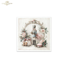 Load image into Gallery viewer, A square art print featuring a vintage-style illustration of a nutcracker surrounded by a floral arch, with a teddy bear, sack, and macaroni, shown on a white background with a 'Mel Collection' logo in the top left corner.