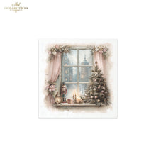 Load image into Gallery viewer, A square decorative art print or card featuring a winter holiday window scene with pink curtains, floral garlands, a lit Christmas tree, candles, and a nutcracker, shown centered on a white background. The brand name 'Ash Collection' appears in the top-left corner.