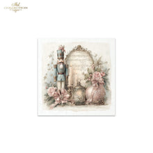 Load image into Gallery viewer, A square decorative art print from Ash Collection featuring a vintage nutcracker, pink roses, a lit candle, and a music sheet framed by a floral arch. The print is displayed on a clean white background with the Ash Collection logo in the top-left corner.