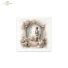 Load image into Gallery viewer, A square decorative art print featuring a vintage-style illustration of a nutcracker standing in an ornate framed scene with pink flowers, blue drapery, and soft pastel tones. The print is centered on a white background, with a small 'Ash Collection' logo in the top-left corner.