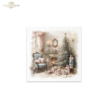 Load image into Gallery viewer, A square art print featuring a vintage Christmas scene with a decorated tree, fireplace, chair, gifts, and a nutcracker, shown centered on a white background. The print has a soft watercolor aesthetic and the top-left corner of the image includes the text 'Ash Collection'.