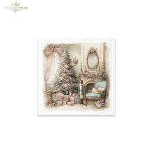Load image into Gallery viewer, A square art print featuring a vintage Christmas scene with a decorated tree, fireplace, chair, and nutcracker, shown centered on a white background. The print has a soft, muted palette in beige, blush pink, and pale blue.