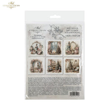 Load image into Gallery viewer, A packaged sheet of decorative scrapbooking paper from the 'Ank Collection' featuring six vintage-style illustrated panels with nutcracker, window, and holiday motifs. The package is shown against a plain white background.