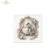 Load image into Gallery viewer, A square framed art print from ITD Collection, featuring a vintage illustration of a romantic couple framed by a floral arch and pink drapery.