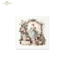 Load image into Gallery viewer, A square decorative art print or card featuring a vintage-style illustration of a young woman in a pale blue dress framed by floral elements, with a small lantern, flowers, and a tombstone. The print is centered on a white background, with a small 'ITD Collection' logo in the top-left corner.