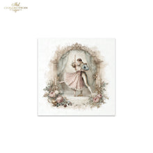 Load image into Gallery viewer, A square art print featuring a vintage-style illustration of a ballerina in a pink tutu and a male dancer in a blue jacket, framed by an ornate arch with flowers and candles. The print is shown against a white background with a 'ITD Collection' logo in the top-left corner.