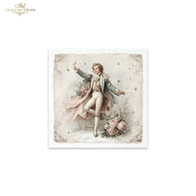 Load image into Gallery viewer, A vintage-style art print featuring a young boy in a flowing gray coat and pink shawl, floating or dancing among pink flowers, shown centered on a white background. The print has a distressed antique border and a small 'ITD Collection' logo in the top-left corner.