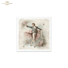 Load image into Gallery viewer, A square art print featuring a vintage-style illustration of a ballerina in a flowing pink tutu and blue jacket, surrounded by soft pink flowers and a small Christmas tree, shown on a white background with 'ITD Collection' branding in the top left.