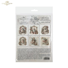 Load image into Gallery viewer, A packaged sheet of decorative scrapbooking paper from the 'Art Collection' by ITG. The clear plastic bag contains a white backing card with a hanger hole, featuring six vintage-style illustrations of ballerinas and cherubs in soft pastel colors.
