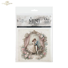 Load image into Gallery viewer, A packaged set of six mini rice papers from ITD Collection, featuring a vintage illustration of a romantic couple framed by pink flowers and curtains on the front.