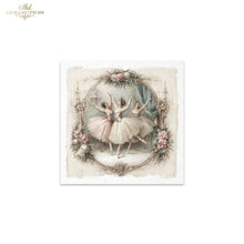 Load image into Gallery viewer, A square decorative art print featuring three ballerinas in pale pink and white tutus within an ornate floral oval frame, centered on a white background. The top-left corner of the overall image shows the text 'ITD Collection' as a brand mark.