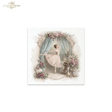 Load image into Gallery viewer, A square decorative art print or card featuring a vintage-style illustration of a ballerina in a pale pink tutu posing under an ornate floral arch with blue drapery. The print is centered on a white background, with the 'ITD Collection' logo printed in the top-left corner of the overall image.