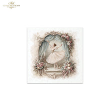 Load image into Gallery viewer, A square decorative art print or card featuring a ballerina in a white tutu posing under draped blue curtains framed by pink and cream flowers. The print is centered on a white background with a small 'ITD Collection' logo in the top-left corner.