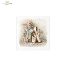 Load image into Gallery viewer, A square art print featuring a watercolor-style illustration of ballet shoes, a bouquet with a pale blue ribbon, and a small wrapped gift on a soft beige background. The print is shown centered on a white canvas with a small 'ITD Collection' logo in the top-left corner.