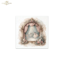 Load image into Gallery viewer, A square decorative art print or card featuring a vintage ballet scene framed by an ornate arch with pink curtains, floral garlands, and small ballerinas on a soft beige background. The print is centered on a white canvas with a small 'ITD Collection' logo in the top-left corner.