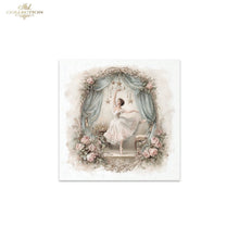 Load image into Gallery viewer, A square art print featuring a vintage-style illustration of a ballerina in a white tutu under draped blue-green curtains and pink roses, shown on a white background with 'ITD Collection' branding in the top left corner.