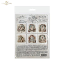 Load image into Gallery viewer, A packaged sheet of six vintage-style religious decoupage paper designs from the 'ITD Collection' by Melrose Studio. The sheet is sealed in a clear plastic hanging bag with a printed header card showing the brand name, product details, and a barcode.
