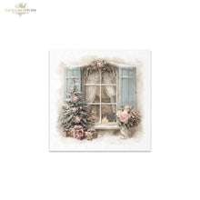 Load image into Gallery viewer, A square decorative print or card from ITD Collection featuring a vintage winter window scene with blue shutters, pink flowers, a small decorated tree, wrapped gifts, and a candle, centered on a white background.