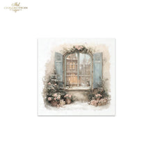 Load image into Gallery viewer, A square art print featuring a watercolor-style illustration of a snowy window with blue shutters, floral garlands, and potted plants, shown on a white background with a small 'ITD Collection' logo in the top-left corner.