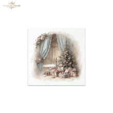 Load image into Gallery viewer, A square decorative print or card featuring a vintage holiday scene with a decorated Christmas tree, pink ribbons, wrapped gifts, and soft blue-gray curtains framing an arched doorway. The artwork is shown centered on a white background, with a small 'ITD Collection' logo in the top-left corner.