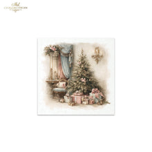 Load image into Gallery viewer, A square decorative print or card from the ITD Collection featuring a vintage Christmas scene with a decorated tree, wrapped gifts, draped curtains, and a chandelier, shown on a white background.