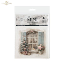Load image into Gallery viewer, A packaged set of six mini rice papers by ITD Collection, featuring a vintage Christmas window illustration with a decorated tree, flowers, and gifts.