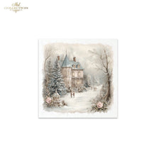 Load image into Gallery viewer, A square art print featuring a winter scene of a grand chateau surrounded by snow-covered trees and a snowy path, with a soft vintage watercolor border. The print is displayed on a clean white background with a 'ITD Collection' logo in the top-left corner.