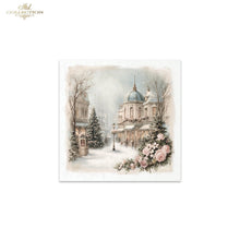 Load image into Gallery viewer, A square art print or decorative card featuring a winter city street scene with snow-covered buildings, evergreen trees, and pink flowers, shown on a plain white background. The top-left corner of the overall image includes a small 'ITD Collection' watermark/logo.