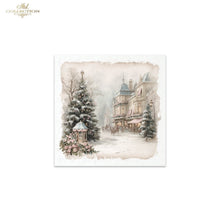 Load image into Gallery viewer, A square art print featuring a winter street scene with snow-covered evergreen trees, a small gazebo, and a softly lit building, shown on a white background with a 'ITD Collection' logo in the top-left corner.