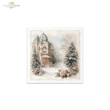 Load image into Gallery viewer, A square decorative print or card featuring a winter scene with an old building, snow-covered evergreen trees, and pink flowers, shown centered on a white background. The brand name 'ITD Collection' appears in the top left corner.