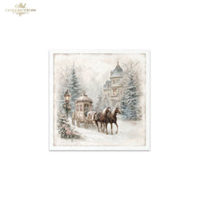 Load image into Gallery viewer, A framed winter landscape art print featuring a vintage horse-drawn carriage, snow-covered trees, and a grand house in soft muted tones. The artwork is presented within a white frame against a clean white background, with a small 'ITD Collection' logo in the top-left corner.