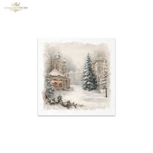 Load image into Gallery viewer, A square art print featuring a winter landscape scene with snow-covered trees, a small pavilion, and soft architectural buildings in muted beige, gray, and brown tones. The print is centered on a white background, with a small 'ITD Collection' logo in the top-left corner.