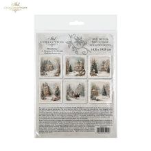 Load image into Gallery viewer, A packaged clear stamp set from the ITD Collection featuring eight winter-themed stamp designs with snowy cottages, evergreen trees, and a horse and rider. The package is shown on a plain white background.