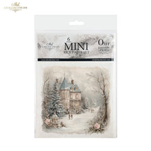 Load image into Gallery viewer, A packaged set of six mini rice papers from ITD Collection, featuring a winter village scene with a house, trees, and figures on the front.