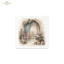 Load image into Gallery viewer, A square art print or decorative card featuring a vintage-style illustrated altar scene with floral arrangements, a blue curtain, candles, and a small chair, centered on a white background. The brand name 'ITD Collection' appears in the top left corner.
