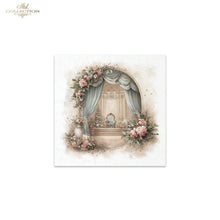 Load image into Gallery viewer, A square art print or decorative card featuring a vintage-style illustration of an arched doorway framed by pink flowers and draped blue-gray curtains, centered on a white background. The top-left corner of the overall image shows the text 'ITD Collection' as a watermark or brand mark.