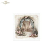 Load image into Gallery viewer, A square decorative print or card featuring a vintage-style illustrated scene with an arched doorway framed by draped blue-gray curtains, pink flowers, candles, and wrapped gifts. The artwork is centered on a white background, with a small 'ITD Collection' mark in the upper left corner of the overall image.