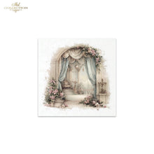 Load image into Gallery viewer, A square art print or decorative card featuring a vintage-style illustration of an elegant interior scene with draped curtains, flowers, and candelabras, shown centered on a white background. The top-left corner of the overall image includes a small 'ITD Collection' logo.