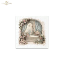 Load image into Gallery viewer, A square decorative art print or card featuring a vintage-style illustrated scene with an arched floral doorway, draped blue curtains, steps, flowers, and a small bench. The print is centered on a white background, with a small 'ITD Collection' mark in the upper left corner of the image.
