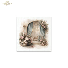 Load image into Gallery viewer, A square decorative art print or card featuring a vintage-style illustrated scene with an arched doorway, blue curtains, pink flowers, candles, and a small Christmas tree, centered on a white background. The brand name 'ITD Collection' appears in the top-left corner.