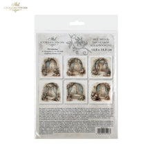 Load image into Gallery viewer, A packaged sheet of six decorative decoupage/scrapbooking templates from the 'ITD Collection' by ITD Collection, featuring vintage arched window designs with floral wreaths and draped curtains in muted beige, brown, and gray tones.