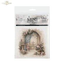 Load image into Gallery viewer, A packaged set of six mini rice paper sheets from the 'ITD Collection' featuring a vintage French interior scene with an arched doorway, blue curtain, pink floral arrangements, and a small chair, shown on a white background.