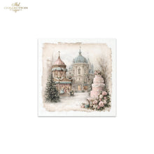Load image into Gallery viewer, A square decorative print or card featuring a vintage winter scene with a carousel, domed building, evergreen tree, and a pink tiered cake with flowers. The artwork has a distressed aged-paper border and is shown centered on a light gray background.