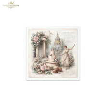 Load image into Gallery viewer, A square decorative print or card featuring a vintage-style illustration with a woman in a cream dress beside a tiered cake, flowers, macarons, and cursive script, shown on a white background. The brand name 'ITD Collection' appears in the top left corner.