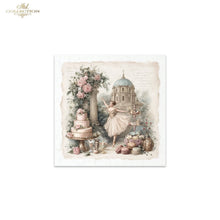 Load image into Gallery viewer, A square decorative print or card featuring a vintage-style illustration of a ballerina in a pink tutu beside a tiered cake, flowers, and a domed building, shown on a white background with a small 'ITD Collection' logo in the top left.