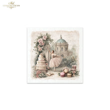Load image into Gallery viewer, A square decorative print or card featuring a vintage-style illustration with a ballerina in a pink tutu beside a tiered cake, floral arrangements, macarons, and a domed building. The artwork is centered on a white background, with a small 'ITD Collection' logo in the top-left corner.