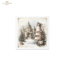 Load image into Gallery viewer, A square decorative print or card from Ash Collection featuring a vintage-style illustration of a grand domed building, a three-tiered pink wedding cake with flowers, evergreen trees, and soft pastel snow. The print is centered on a white background with the ITD Collection logo in the top-left corner.