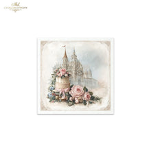 Load image into Gallery viewer, A square decorative print or card featuring a vintage-style illustration of a castle with a decorated cake and pink roses in the foreground. The artwork has a soft, aged look with a white border, shown centered on a light gray background.